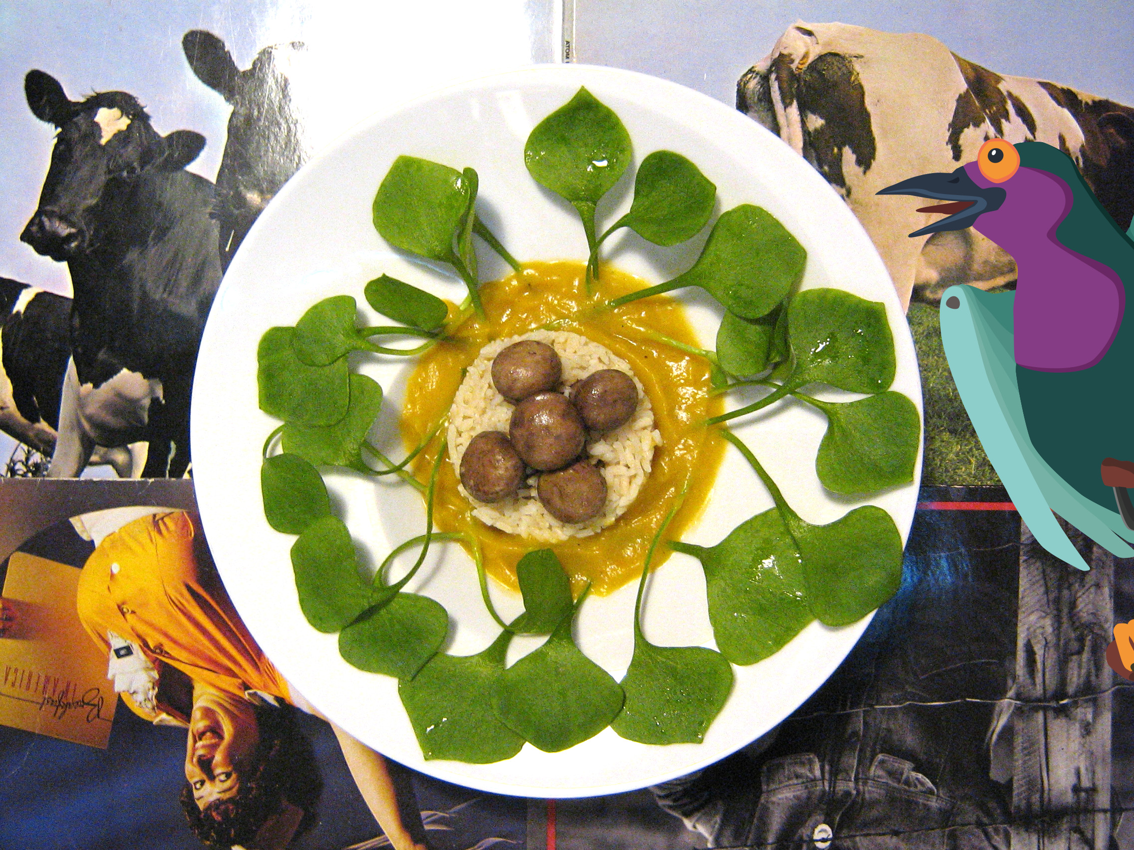Riz à la crème de butternut et curry, champignons bruns, pourpier et piment