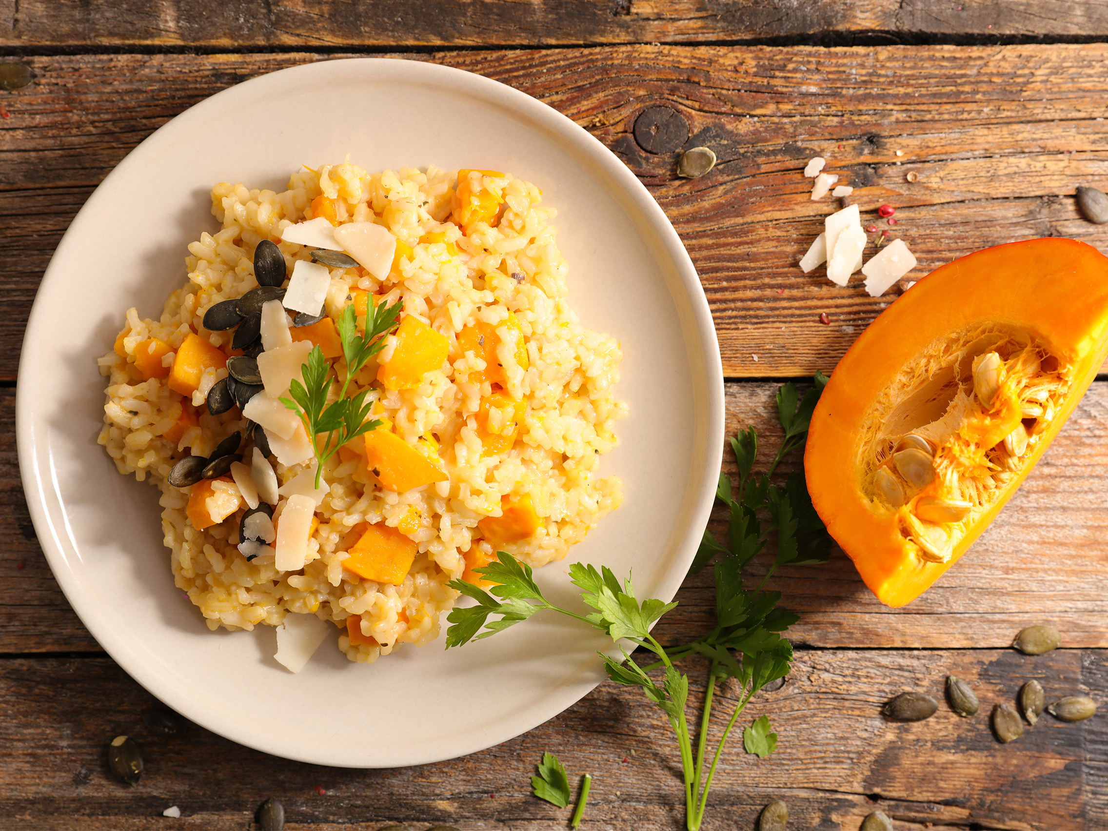 Risotto au potimarron, pourpier et graines de courge